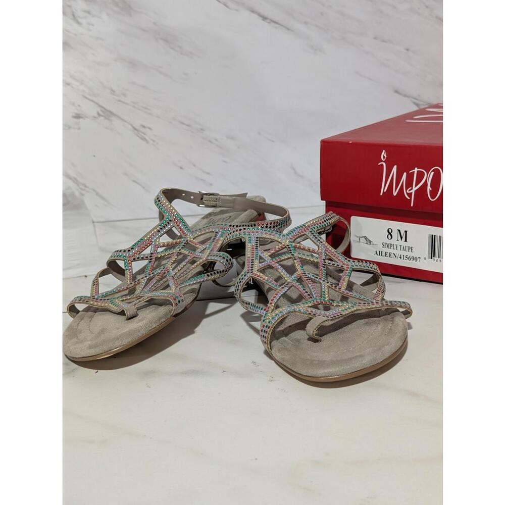Women's Multi-Color Studs Taupe Base Strappy Sandals Silver Heel Sz 8M